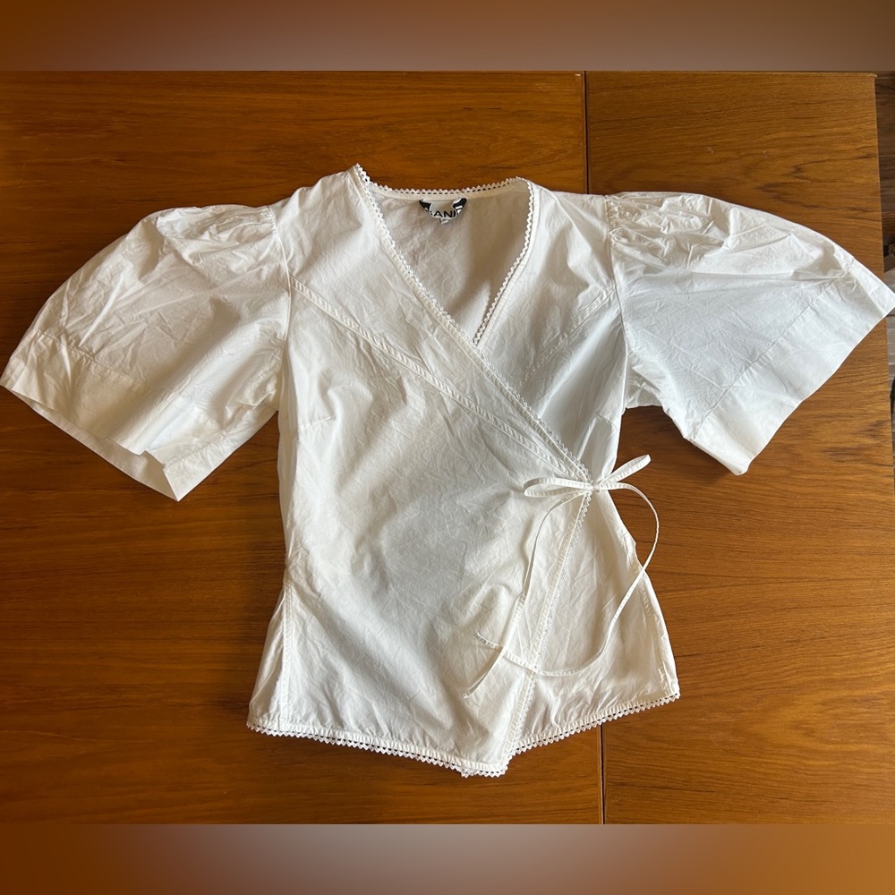 White Ganni Wrap Blouse with Puff Sleeves